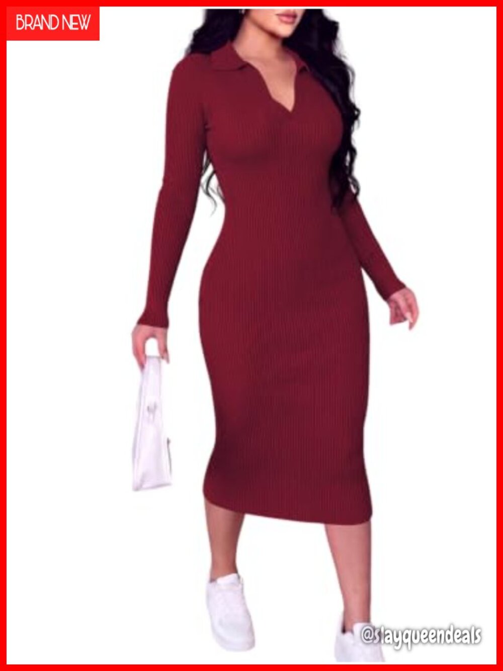 Ribbed Knit Long Sleeve Midi Bodycon Dress Collared V-Neck Pull On